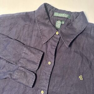 Lauren Ralph Lauren Blue Linen Button Shirt Quarter Sleeve Medium Gold Buttons